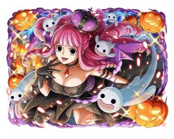 1girl black_dress black_gloves breasts choker cleavage crown devil_fruit dress gloves gothic_lolita halloween halloween_costume horo_horo_no_mi jack-o&#039;-lantern large_breasts lolita_fashion long_hair looking_at_viewer official_art one_piece one_piece_treasure_cruise open_mouth perona pink_hair purple_crown tongue tongue_out very_long_hair