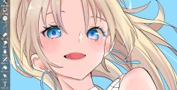 1girl art_program_in_frame bare_shoulders blonde_hair blue_background blue_eyes blush commentary_request earrings highres hoop_earrings jewelry link!_like!_love_live! long_hair looking_at_viewer love_live! lower_teeth_only open_mouth osawa_rurino portrait roku_aya_fuyu solo teeth virtual_youtuber