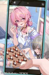 1other 2girls absurdres alternate_hairstyle apron cellphone finger_heart grey_hair hair_between_eyes highres holding holding_phone honkai:_star_rail honkai_(series) imasaki_kei indoors looking_at_viewer march_7th_(honkai:_star_rail) multicolored_eyes multiple_girls open_mouth phone pink_hair pom-pom_(honkai:_star_rail) short_hair sleeves_rolled_up smartphone stelle_(honkai:_star_rail) trailblazer_(honkai:_star_rail) twitter_username white_apron yellow_eyes