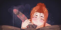 Rule 34 | 1boy, 1girl, cum, cumdrip, fellatio, lipstick, lipstick mark, lipstick mark on penis, makeup, nitrolith, non-web source, oral, orange hair, testicle sucking