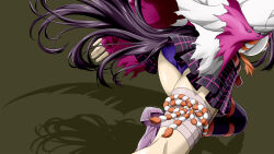 Rule 34 | 1girl, ass, bandaged leg, bandages, black tail, coat, fingerless gloves, from behind, gloves, green background, highres, horse tail, japan racing association, kitsutsuki (dzgu4744), narita brian (umamusume), panties, pantyshot, plaid clothes, plaid skirt, pleated skirt, purple gloves, purple panties, purple skirt, running, simple background, skirt, solo, tail, umamusume, underwear, white coat