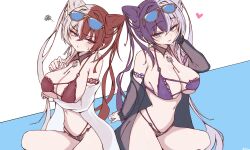 1006kbps 2girls absurdres annoyed arm_under_breasts azur_lane bikini blue_eyes breasts chao_ho_(azur_lane) cleavage cone_hair_bun crossed_bangs double_bun eyewear_on_head hair_bun hair_intakes heart highres large_breasts light_blush long_hair looking_at_viewer multicolored_hair multiple_girls navel official_alternate_costume purple_bikini purple_eyes purple_hair red_bikini red_hair siblings simple_background sisters split-color_hair stomach sunglasses swimsuit white_hair ying_swei_(azur_lane) ying_swei_(blue_waves_limpid_summer)_(azur_lane)