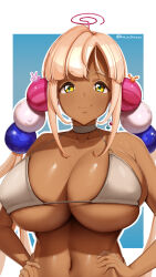 1girl bikini breasts ceo_of_disgrace crab hair_ornament highres hololive hololive_english large_breasts light_brown_hair light_smile long_hair looking_at_viewer navel planet rabbit signature smile swimsuit tsukumo_sana virtual_youtuber yellow_eyes