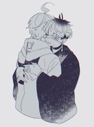 2boys ahoge choker closed_eyes earrings eyepatch face_piercing facial_mark greyscale haori highres hood hood_down hug jacket japanese_clothes jewelry male_focus mito_(commando_seagal) monochrome multiple_boys omokage_yugamu piercing ring short_hair simple_background sumino_takumi the_hundred_line_-last_defense_academy-