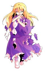 1girl alphes_(style) bare_arms blonde_hair bow closed_eyes commentary_request dairi defeat dress frilled_dress frills full_body hair_between_eyes hat hat_bow holding holding_unworn_clothes holding_unworn_hat kirisame_marisa kirisame_marisa_(pc-98) large_variant_set long_hair open_mouth parody purple_dress purple_hat short_sleeves socks solo standing style_parody sweatdrop tachi-e torn_clothes torn_dress touhou touhou_(pc-98) transparent_background unworn_hat unworn_headwear variant_set white_socks witch_hat