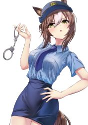 1girl animal_ears blush brown_hair commentary_request cuffs eyelashes eyes_visible_through_hair fine_motion_(umamusume) green_eyes hand_on_own_hip handcuffs herohero_(higashi_no_dou) highres horse_ears horse_girl horse_tail looking_at_viewer multicolored_eyes necktie open_mouth police police_uniform policewoman solo tail umamusume white_background