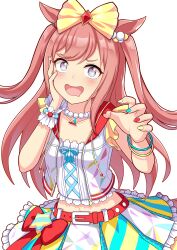 Rule 34 | 1girl, absurdres, agnes digital (umamusume), animal ears, aqua nails, bails, bead necklace, beads, belt, blue eyes, blurry, bow, collarbone, commentary, cowboy shot, crop top, drooling, frilled shirt, frilled skirt, frills, green skirt, hair bow, highres, horse ears, horse girl, jewelry, large bow, layered skirt, legs together, long hair, looking at viewer, midriff, mouth drool, multicolored nails, multicolored skirt, nail polish, navel, necklace, open mouth, pink hair, polka dot, polka dot skirt, red belt, red bow, red nails, shirt, sidelocks, skirt, sleeveless, sleeveless shirt, smile, solo, star (symbol), sweat, two side up, umamusume, waist bow, white background, white shirt, white skirt, wrist cuffs, yellow bow, yellow nails
