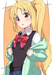 Rule 34 | 1girl, absurdres, ahoge, aikawa ryou, blonde hair, blue skirt, blush, bocchi the rock!, border, bow, braid, breasts, brown background, brown eyes, collared shirt, commentary request, green jacket, highres, hood, hood down, hooded jacket, ijichi nijika, jacket, long hair, long sleeves, looking at viewer, off shoulder, parted bangs, parted lips, pleated skirt, polka dot, polka dot bow, red bow, shirt, side ponytail, skirt, sleeves past wrists, small breasts, solo, sweater vest, very long hair, white border, white shirt