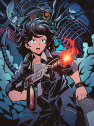 1girl alien alien_(1979) alien_(series) blue_jacket blue_pants brown_hair ellen_ripley flamethrower highres jacket m240_incinerator_unit open_mouth pants pechamaju sleeves_rolled_up sweat watch weapon worried wristwatch xenomorph