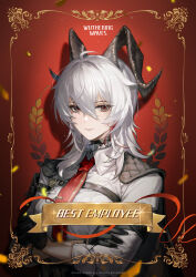 Rule 34 | 1girl, absurdres, armband, black armband, black choker, black eyes, black gloves, black horns, black jacket, breasts, chest harness, choker, closed mouth, collared shirt, commentary, crossed arms, curled horns, earrings, english commentary, english text, gloves, hair between eyes, harness, highres, horns, jacket, jacket on shoulders, jewelry, large breasts, logo, looking at viewer, mole, mole under eye, multicolored eyes, multicolored hair, necktie, official art, red eyes, red necktie, shirt, shirt tucked in, smile, solo, streaked hair, two-tone eyes, upper body, white shirt, wuthering waves, zani (wuthering waves)