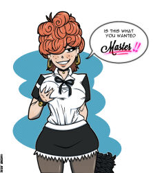Rule 34 | 1girl, assertive female, blush, bow, bowtie, breasts, cartoon network, collar, curly hair, earrings, ed edd n eddy, jewelry, kenbr arts, lee kanker, maid, one eye covered, orange hair, simple background, smile, teeth, white background, wristband