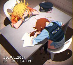 2girls absurdres barefoot blue_shirt boku_no_hero_academia brown_hair chair closed_mouth commentary cuffs double_bun english_commentary fang fang_out hair_bun handcuffs hands_up hat highres indoors interrogation khyle. medium_hair messy_hair multiple_girls orange_shirt paper police police_hat police_uniform pussy_juice shirt sitting table toga_himiko unworn_hat unworn_headwear uraraka_ochaco yellow_eyes yuri