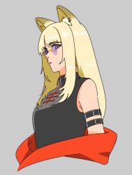 Rule 34 | 1girl, absurdres, animal ear fluff, animal ear piercing, animal ears, arm strap, bare shoulders, black dress, blonde hair, breasts, china dress, chinese clothes, cropped torso, dog ears, dog girl, dress, from side, grey background, highres, itsumeee3, kmnz, lita (kmnz), long hair, looking at viewer, parted bangs, parted lips, pink lips, purple-tinted eyewear, purple eyes, round eyewear, simple background, sleeveless, sleeveless dress, solo, sunglasses, tinted eyewear, virtual youtuber