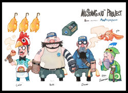 Rule 34 | 4boys, apron, bald, baseball cap, beard, big nose, black-framed eyewear, blue hat, blue shirt, brown gloves, buck teeth, cane, character name, chicken (food), chicken hat, chicken leg, cigarette, commentary request, cyanporoco, facial hair, food, full body, gingham shirt, glasses, gloves, green hat, green robe, grey tank top, grin, hat, holding, holding cane, korean commentary, looking at viewer, mechanical hands, multiple boys, mustache, nightcap, opaque glasses, open mouth, original, robe, sharp teeth, shirt, short hair, simple background, single mechanical hand, smile, smoke, smoking, standing, stubble, tank top, teeth, white apron, white background