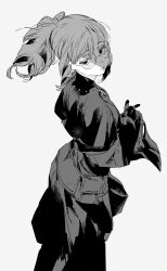 1girl belt_pouch breasts cowboy_shot dress drill_hair eyelashes from_above from_behind from_side glasses gloves greyscale highres holding holding_mask looking_at_viewer looking_back looking_up mask medium_breasts mgong520 monochrome original plague_doctor_mask ponytail pouch ringlets round_eyewear side_drill simple_background solo