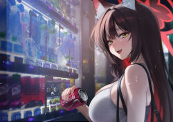 1girl absurdres alternate_costume animal_ear_fluff animal_ears bare_shoulders blue_archive breasts brown_hair camisole can coca-cola commentary daehoak drink_can fang fox_ears fox_girl from_side hair_between_eyes hair_intakes halo highres holding holding_can large_breasts light_particles long_hair looking_at_viewer open_mouth red_halo skindentation smile solo symbol-only_commentary teeth upper_teeth_only vending_machine wakamo_(blue_archive) white_camisole yellow_eyes