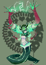 1girl absurdres bone breasts clothing_cutout crossover electricity energy eternal_darkness:_sanity&#039;s_requiem extra_arms extra_eyes extra_hands glowing glowing_eyes glyph green_background green_eyes green_hair heart_(symbol) highres horizontal_pupils long_hair looking_at_viewer mermaid midriff monster_girl navel nintendo no_pupils personification revealing_clothes sigil silicon_knights simple_background skull slit_pupils small_breasts smile spine stomach_cutout sucker_for_love tail tn_scallion underboob very_long_hair xel&#039;lotath