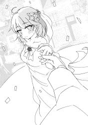 1boy 1girl ahoge alternate_costume bandaid bandaid_on_face bow bowtie bridal_veil confetti cowboy_shot dress flower foreshortening gloves greyscale hair_flower hair_ornament highres jewelry kantai_collection looking_at_viewer monochrome oboro_(kancolle) off-shoulder_dress off_shoulder pov ring short_hair smile tatahai veil wedding_dress wedding_ring