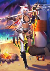 1girl animal_ears armlet asymmetrical_clothes azusa_(hws) bare_shoulders beach belt bikini bikini_under_clothes black_belt black_bikini black_boots black_gloves black_hairband blue_eyes blurry bokeh boots breasts breasts_apart caenis_(fate) caenis_(swimsuit_rider)_(fate) caenis_(swimsuit_rider)_(second_ascension)_(fate) campfire chain chest_belt chest_tattoo criss-cross_halter cropped_vest crotchless crotchless_pants dark-skinned_female dark_skin depth_of_field dumbbell embers eyewear_on_head fate/grand_order fate_(series) fingerless_gloves fingernails fire fishnets full_body game_cg gloves grin hair_intakes hairband halterneck hand_on_own_hip holding holding_polearm holding_weapon jewelry leg_up long_hair looking_at_viewer medium_breasts navel night night_sky ocean official_art open-toe_boots open_clothes open_vest over_shoulder palm_tree pants polearm punching_bag red_tattoo sand sidelocks single_pantsleg sky smile solo standing standing_on_one_leg star_(sky) starry_sky stomach stomach_tattoo swimsuit tattoo teeth thigh_belt thigh_strap third-party_source toenails toes tree underbust v-shaped_eyebrows variant_set very_long_hair vest weapon weapon_over_shoulder white_hair white_nails white_pants white_vest