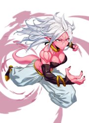 1girl absurdres android_21 arabian_clothes attack black_nails boots bracelet colored_skin dragon_ball dragon_ball_fighterz dragonball_z highres jewelry long_hair looking_at_another majin_android_21 muscular muscular_arms muscular_female pink_skin pointy_ears red_eyes serious shockwave spiked_hair tail white_hair zequung zquung