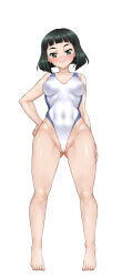 1girl black_hair blush breasts breasts_apart closed_mouth covered_navel full_body girls_und_panzer green_eyes hand_on_own_hip highleg looking_at_viewer medium_breasts nishihara_yasoko one-piece_swimsuit shiromitsu_suzaku short_hair simple_background smile solo swimsuit white_background white_one-piece_swimsuit