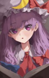 Rule 34 | 1girl, absurdres, book, crescent, crescent hat ornament, grey background, hair ribbon, hat, hat ornament, highres, lab2linch, long hair, looking at viewer, mob cap, open book, open mouth, patchouli knowledge, portrait, purple eyes, purple hair, ribbon, solo, touhou