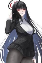 1girl absurdres black_hair black_jacket black_panties black_pantyhose black_skirt blue_archive blunt_bangs blush highres jacket long_hair looking_at_viewer miniskirt mori_morino2 panties panties_under_pantyhose pantyhose parted_lips red_eyes rio_(blue_archive) shirt sidelocks skirt solo turtleneck turtleneck_shirt underwear white_shirt