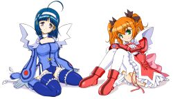 Rule 34 | 2girls, ahoge, arm support, arms on knees, back bow, black ribbon, blue boots, blue gloves, blue hair, blue leotard, blue thighhighs, blunt bangs, blush, boots, bow, breasts, choker, cleavage, cleavage cutout, closed mouth, clothing cutout, collarbone, commentary, cross-laced clothes, cross-laced leotard, crossed arms, dot nose, dress, frilled thighhighs, frills, full body, gloves, green eyes, hair between eyes, hair ribbon, hairband, highres, kaitou tenshi twin angel, kannazuki aoi, knees up, large breasts, leotard, long sleeves, looking at viewer, macla, magical girl, medium hair, minazuki haruka (twin angel), multiple girls, on floor, orange hair, petticoat, pink bow, puffy long sleeves, puffy sleeves, purple eyes, red boots, red dress, ribbon, shadow, short dress, short hair, shoulder pads, simple background, sitting, smile, split mouth, tareme, thighhighs, twin angel, twintails, wariza, white background, white choker, white gloves, white hairband, white petticoat, white thighhighs, wing ornament, zettai ryouiki