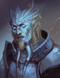 Rule 34 | 1boy, armor, beard, blonde hair, blue eyes, blue sclera, blue skin, colored sclera, colored skin, draenei, facial hair, highres, horns, kueshka, looking at viewer, mustache, pointy ears, signature, solo, tendril, warcraft