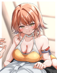 1boy 1girl :q bikini breasts brown_eyes brown_hair check_commentary choker cleavage commentary commentary_request girl_on_top hetero indoors kantai_collection kasashi_(kasasi008) large_breasts looking_at_viewer lying lying_on_person navel official_alternate_costume on_stomach orange_bikini pov pov_hands richard_p._leary_(kancolle) richard_p._leary_(swimsuit)_(kancolle) short_hair solo swimsuit tongue tongue_out white_choker