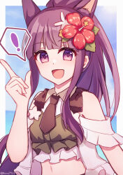 ! 1girl absurdres animal_ears arched_bangs bare_shoulders black_necktie blue_sky border cloud collared_shirt commentary crop_top day dog_ears eyelashes flower frills green_shirt hair_flower hair_ornament hand_up high_ponytail highres index_finger_raised kasumi_(princess_connect!) kasumi_(summer)_(princess_connect!) layered_clothes long_hair looking_at_viewer navel necktie ocean open_mouth outdoors outside_border ponytail princess_connect! purple_eyes purple_hair runa_(runa7733) shirt short_necktie sidelocks sky smile solo speech_bubble spoken_exclamation_mark sunlight twitter_username upper_body white_border white_shirt