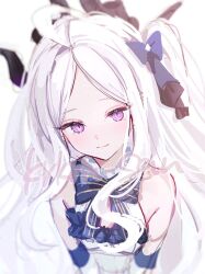 1girl bare_shoulders black_bow black_horns blue_archive blurry blurry_background blush bow closed_mouth demon_girl demon_horns depth_of_field dress forehead hair_bow hina_(blue_archive) horns long_hair looking_at_viewer multiple_horns ouri_(aya_pine) parted_bangs purple_eyes smile solo upper_body very_long_hair white_background white_hair