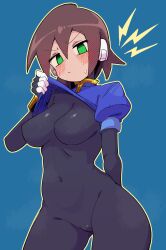 Rule 34 | 1girl, absurdres, aile (mega man zx), black bodysuit, blue background, blue jacket, bodysuit, breasts, brown hair, buzzlyears, clothes lift, cowboy shot, cropped jacket, highres, jacket, jacket lift, medium breasts, mega man (series), mega man zx, short hair, simple background, solo