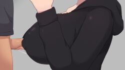 1boy 1girl animated animated_gif black_shirt bouncing_breasts breasts covered_erect_nipples from_side grabbing_another&#039;s_breast groping head_out_of_frame hetero hood hoodie huge_breasts kamuo large_breasts large_penis nipples paizuri paizuri_under_clothes penis perpendicular_paizuri shirt the_grim_reaper_who_reaped_my_heart! vel_(kamuo)