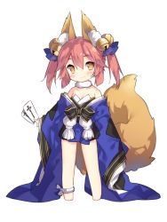 animal_ears bare_shoulders barefoot bell collar detached_sleeves fate_(series) fox_ears fox_tail hair_ribbon japanese_clothes kimono long_sleeves looking_at_viewer obi ofuda pink_hair ribbon saru sash short_hair smile solo tail tamamo_(fate) tamamo_no_mae_(fate/extra) wide_sleeves yellow_eyes aged_down