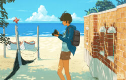 Rule 34 | 1girl, artist logo, backpack, bag, beach, black bag, black hair, blue jacket, boat, brick wall, brown shorts, camera, camera around neck, closed mouth, cloud, commentary request, day, feet out of frame, from side, holding, holding camera, hood, hood down, hooded jacket, jacket, logo, ocean, open clothes, open jacket, original, outdoors, pinwheel, profile, rowboat, sand, scenery, shirt, short hair, shorts, sky, solo, standing, striped clothes, striped shirt, taizo (taizo 03), tree, watercraft, white shirt, wide shot