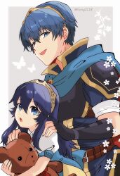 1boy 1girl aged_down ancestor_and_descendant armor blue_eyes blue_hair bug butterfly cape dress fingerless_gloves fire_emblem fire_emblem:_mystery_of_the_emblem fire_emblem_awakening gloves hair_between_eyes hands_on_another&#039;s_shoulders highres holding holding_stuffed_toy insect kiriya_(552260) long_hair looking_at_viewer lucina_(fire_emblem) marth_(fire_emblem) nintendo short_hair short_sleeves shoulder_armor stuffed_animal stuffed_toy teddy_bear tiara twitter_username