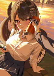 :t absurdres can collared_shirt colored_inner_hair ellen_joe espresso_1004 fins fish_tail highres holding holding_can multicolored_hair pov pov_hands shark_girl shark_tail shirt skirt tail white_shirt wise_(zenless_zone_zero) zenless_zone_zero
