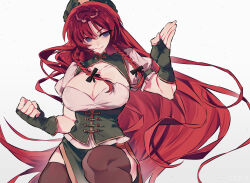 1girl absurdres black_bow black_thighhighs blue_eyes bow braid breasts chinese_commentary cleavage cleavage_cutout clenched_hand closed_mouth clothing_cutout collarbone commentary commentary_request english_commentary fingerless_gloves fingernails gloves gradient_background green_gloves green_hat green_vest grey_background grey_shirt gudai_baihe_tun hair_bow hat highres hong_meiling large_breasts long_hair looking_to_the_side mixed-language_commentary puffy_short_sleeves puffy_sleeves red_hair shirt short_sleeves side_braids smile solo standing thighhighs touhou twin_braids very_long_hair vest white_background