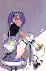 1girl apron black_dress blush closed_mouth controller dress feet frilled_apron frills from_side full_body green_eyes hair_ornament highres knees_up liclac looking_at_viewer maid maid_apron maid_headdress no_shoes object_insertion original panties puffy_short_sleeves puffy_sleeves purple_hair pussy_juice remote_control_vibrator sex_toy short_hair short_sleeves signature sitting solo stirrup_legwear stool thighhighs toeless_legwear toes trembling underwear vaginal vibrator vibrator_cord vibrator_under_clothes vibrator_under_panties white_apron white_thighhighs wrist_cuffs