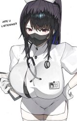 1girl absurdres alternate_costume black_bra black_hair blue_hair bra breasts cleavage clipboard colored_inner_hair demon_horns dress english_text ewn gloves hat highres holding holding_clipboard hololive hololive_english horns lace lace-trimmed_bra lace_trim large_breasts long_hair looking_at_viewer mask mole mole_under_eye mouth_mask multicolored_hair name_tag nerissa_ravencroft nurse nurse_cap partially_unbuttoned ponytail red_eyes short_sleeves simple_background solo stethoscope surgical_mask thighhighs two-tone_hair underwear very_long_hair virtual_youtuber
