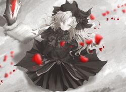 Rule 34 | 1girl, absurdres, beatrix vivi, black bow, black dress, black flower, black gloves, black hat, black rose, black skirt, bow, breasts, dress, fate/grand order, fate (series), flower, funeral dress, gloves, grey eyes, hat, highres, kriemhild (fate), kriemhild (first ascension) (fate), long hair, long sleeves, looking at viewer, mole, mole under eye, pale skin, petals, prayer gesture, rose, rose petals, skirt, solo, stele, wreath