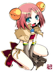 1girl bikini bikini_top_only blue_eyes blush boots brown_capelet capelet commentary_request elbow_gloves flat_chest full_body gloves kaisanbutsu looking_at_viewer mage_(ragnarok_online) midriff open_mouth pelvic_curtain pink_hair ragnarok_online red_bikini red_boots red_skirt seiza short_hair showgirl_skirt simple_background sitting skirt smile solo swimsuit white_background