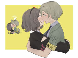 2girls animal_ears black_choker black_hairband black_necktie black_shirt blush border cat_ears cat_girl cat_tail choker collared_shirt commentary dog_ears dog_girl dog_tail earrings ebizuka_tomo enanbender fang girls_band_cry green_eyes green_hair green_jacket grey_shirt hairband hashtag-only_commentary head_steam highres hug imminent_kiss jacket jewelry kemonomimi_mode kiss long_sleeves mole mole_under_eye multiple_girls necktie open_mouth red_eyes rupa_(girls_band_cry) shirt short_hair short_sleeves simple_background skin_fang smile tail tail_wagging white_border yellow_background yuri