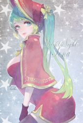 1girl alternate_costume black_gloves blue_eyes blue_hair breasts character_name christmas dress female_focus gloves hat heather37 highres large_breasts league_of_legends long_hair matching_hair/eyes red_dress silent_night_sona smile solo sona_(league_of_legends) tareme twintails