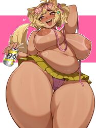 1girl absurdres ahoge animal_ear_fluff animal_ears arm_behind_head blonde_hair blush breasts breasts_apart cameltoe commentary cowboy_shot english_commentary eyewear_on_head hair_ornament hairclip heart heart-shaped_eyewear highres huge_breasts indie_virtual_youtuber looking_at_viewer melonpuff miniskirt mint_castella navel nipples open_mouth outline pink-framed_eyewear pink_background pleated_skirt plump purple_eyes skirt solo strong_zero sunglasses thick_thighs thighs white_background white_outline yellow_skirt yellow_tail