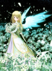 Rule 34 | 1girl, bad id, bad pixiv id, blonde hair, blush, dress, female focus, flower, green eyes, highres, long hair, nature, night, original, outdoors, petals, solo, tom (1art.), wings