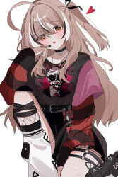1girl :3 absurdres ahoge belt between_legs black_choker black_leg_warmers black_nails black_ribbon black_shirt black_skirt black_sweater brown_eyes brown_hair choker commentary emo_fashion fishnets futhark hair_over_one_eye hair_ribbon hana20000920 hand_between_legs hand_up heart heart_choker highres hololive hololive_english huge_ahoge knee_up lace-trimmed_choker lace_trim leg_warmers long_hair looking_at_viewer multicolored_hair nanashi_mumei nanashi_mumei_(emo) nightmare_(nanashi_mumei) o-ring o-ring_thigh_strap official_alternate_costume one_side_up plaid_clothes plaid_skirt pleated_skirt red_sweater ribbon runes shirt shirt_tucked_in sitting skirt streaked_hair striped_clothes striped_sweater sweater sweater_under_shirt symbol-only_commentary t-shirt thigh_strap tongue tongue_out torn_clothes torn_sweater two-tone_sweater very_long_hair virtual_youtuber wallet_chain wavy_hair white_leg_warmers