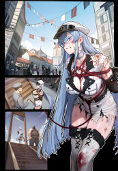 1girl absurdres akame_ga_kill! angry arm_behind_back bdsm belt black_belt black_gloves blood blood_on_clothes blue_eyes blue_hair blue_sky blush bondage boots bound breasts captured code:074 crotch_rope esdeath execution executioner gloves guillotine hat highres humiliation injury jewelry large_breasts long_hair military_hat military_uniform necklace open_clothes prisoner public_bondage red_rope restrained rope round_teeth sexual_harassment shibari sigil sky stairs teeth thighs torn_clothes very_long_hair white_boots