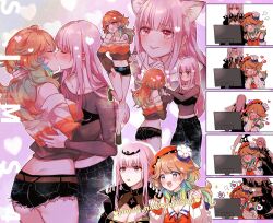 2girls alternate_costume animal_ears ass bad_id bad_twitter_id bandeau bare_legs beret black_cloak black_dress black_pants black_shirt black_shorts blue_hair blush breasts butt_crack casual cat_ears chef_hat cleavage cloak closed_eyes closed_mouth commentary computer covering_own_mouth detached_sleeves dress ear_blush earrings feather_earrings feathers full-face_blush gradient_hair green_footwear grey_shirt hand_in_another&#039;s_hair hands_on_own_cheeks hands_on_own_face hat heart holding holding_scythe hololive hololive_english jewelry kemonomimi_mode kiss lips long_hair mamaloni medium_breasts midriff mini_hat monitor mori_calliope multicolored_hair multicolored_shirt multiple_girls multiple_views off-shoulder_shirt off_shoulder open_mouth orange_hair orange_shirt orange_vest pants parody pink_hair purple_eyes red_eyes red_headwear ribbed_sleeves scythe shaded_face shirt shoes short_shorts shorts smile spikes standing standing_on_one_leg straight_hair strapless striped_clothes striped_shirt sweat sweatdrop takanashi_kiara the_sims thighs tiara torn_clothes torn_shorts tube_top two-tone_hair veil vest virtual_youtuber white_headwear white_shirt yuri